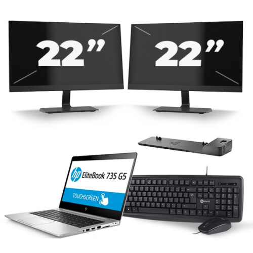 HP EliteBook 735 G5 - AMD Ryzen 3 PRO 2300U - 13 inch - 8GB RAM - 240GB SSD - Windows 10 + 2x 22 inch Monitor