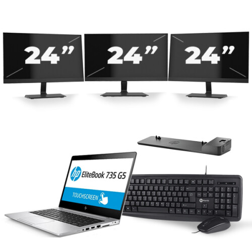 HP EliteBook 735 G5 - AMD Ryzen 3 PRO 2300U - 13 inch - 8GB RAM - 240GB SSD - Windows 10 + 3x 24 inch Monitor