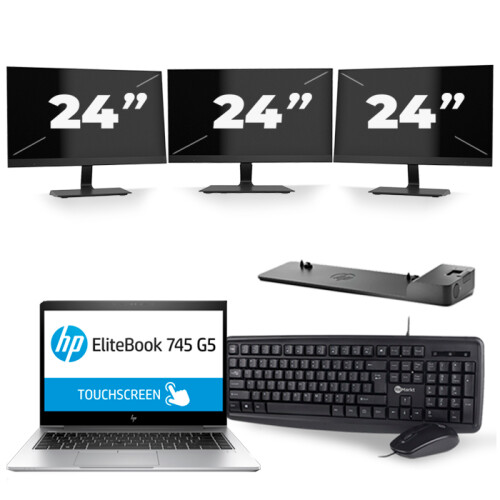 HP EliteBook 745 G5 - AMD Ryzen 7 2700U - 14 inch - 16GB RAM - 256GB SSD - Windows 10 + 3x 24 inch Monitor