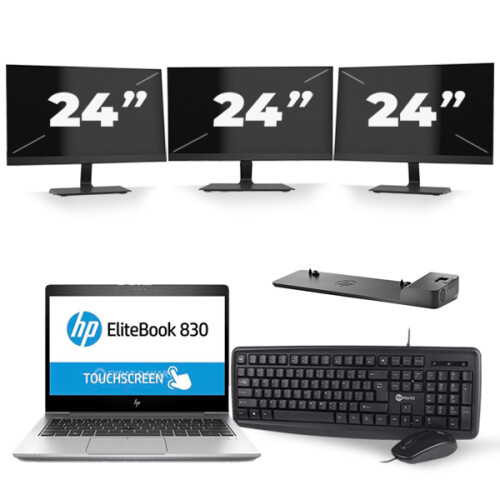 HP EliteBook 830 G5 - Intel Core i5-8e Generatie - 13 inch - 16GB RAM - 512GB SSD - Windows 11 + 3x 24 inch Monitor