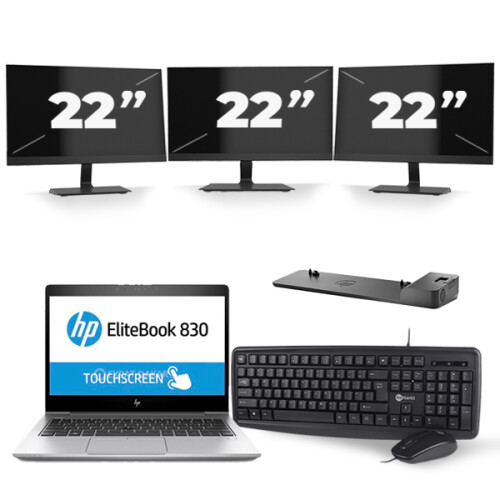 HP EliteBook 830 G5 - Intel Core i5-8e Generatie - 13 inch - 16GB RAM - 512GB SSD - Windows 11 + 3x 22 inch Monitor