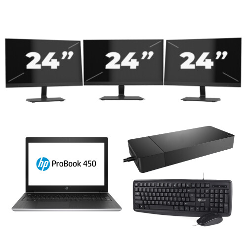 HP ProBook 450 G5 - Intel Core i5-8e Generatie - 15 inch - 8GB RAM - 256GB SSD - Windows 11 + 3x 24 inch Monitor